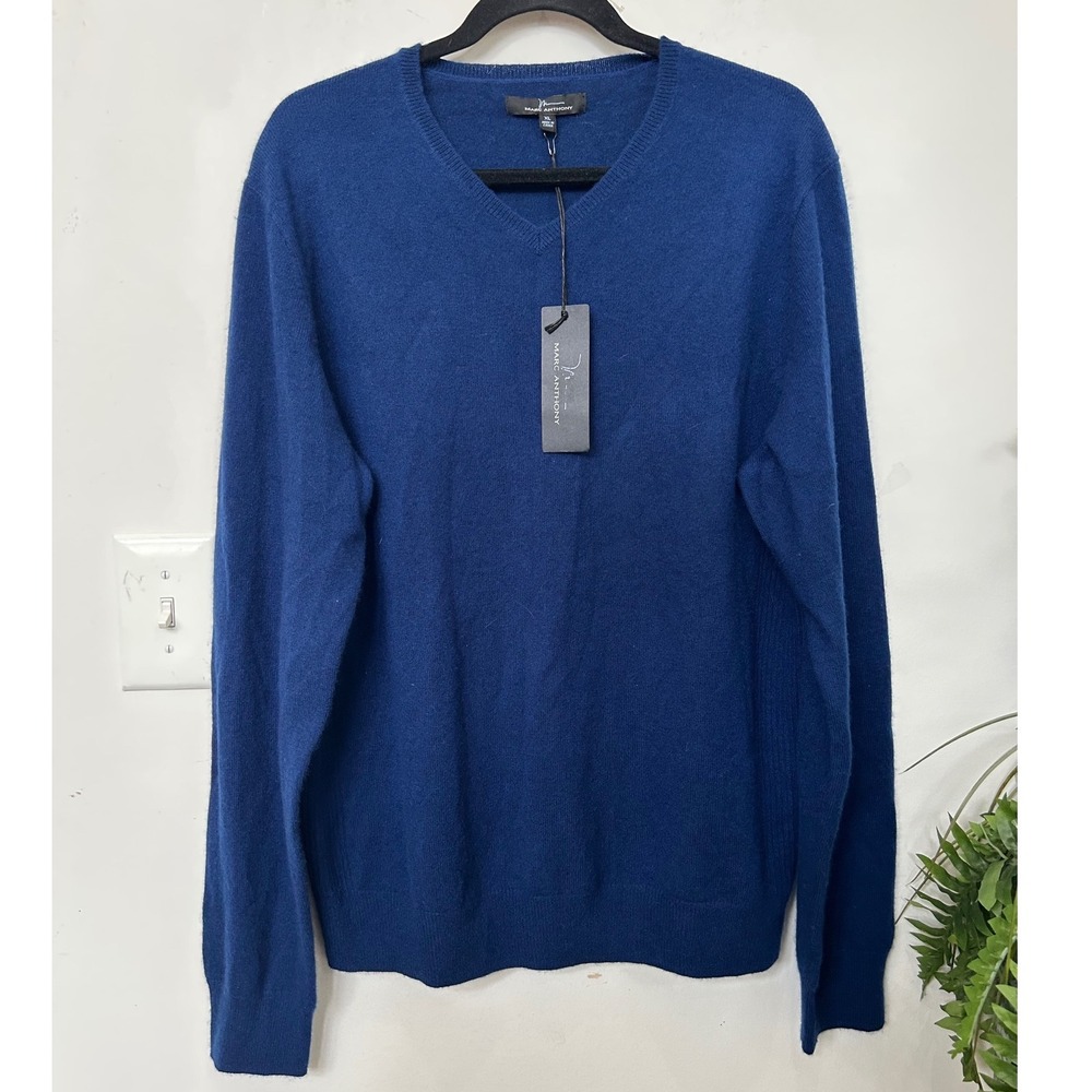 NWT Marc Anthony Mens XL Blue 100% Cashmere V-Neck Sweater Quiet Luxury Preppy